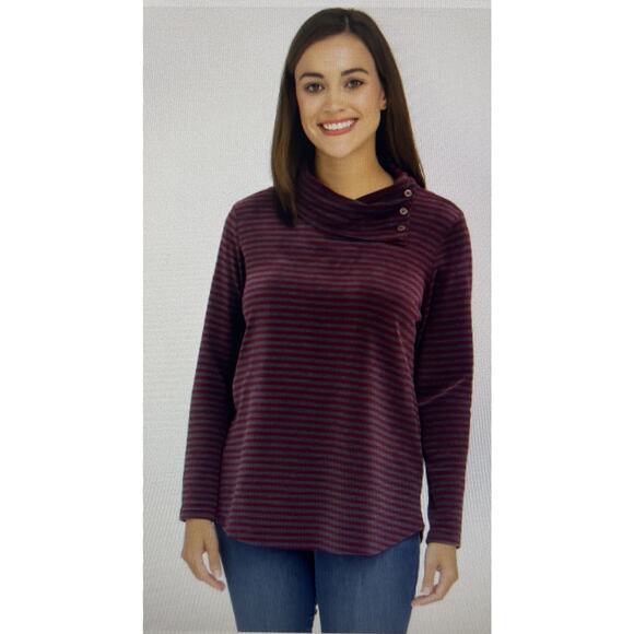 T Talbots Velvet Cowl Neck Sweater Womens Large velour Striped Pullover buttons - Picture 1 of 11